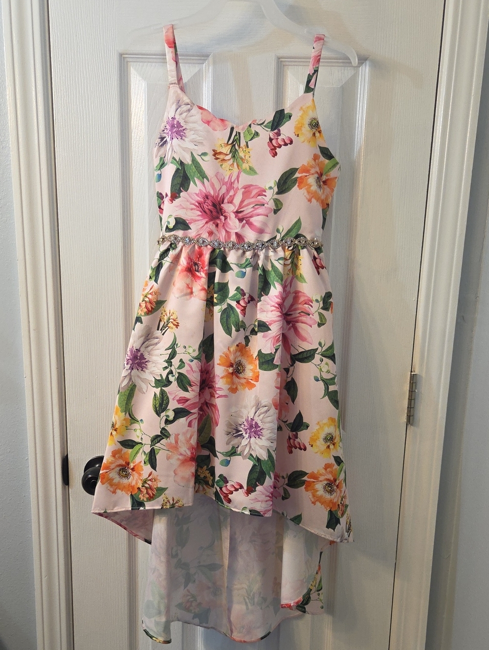 Rare Editions Pink Floral High-Low Party Dress with Sparkling Waist